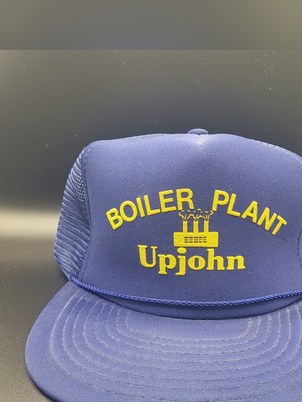 Upjohn Boiler Plant Trucker Hat Snapback Mesh Cap Blue Yellow NOS Vintage